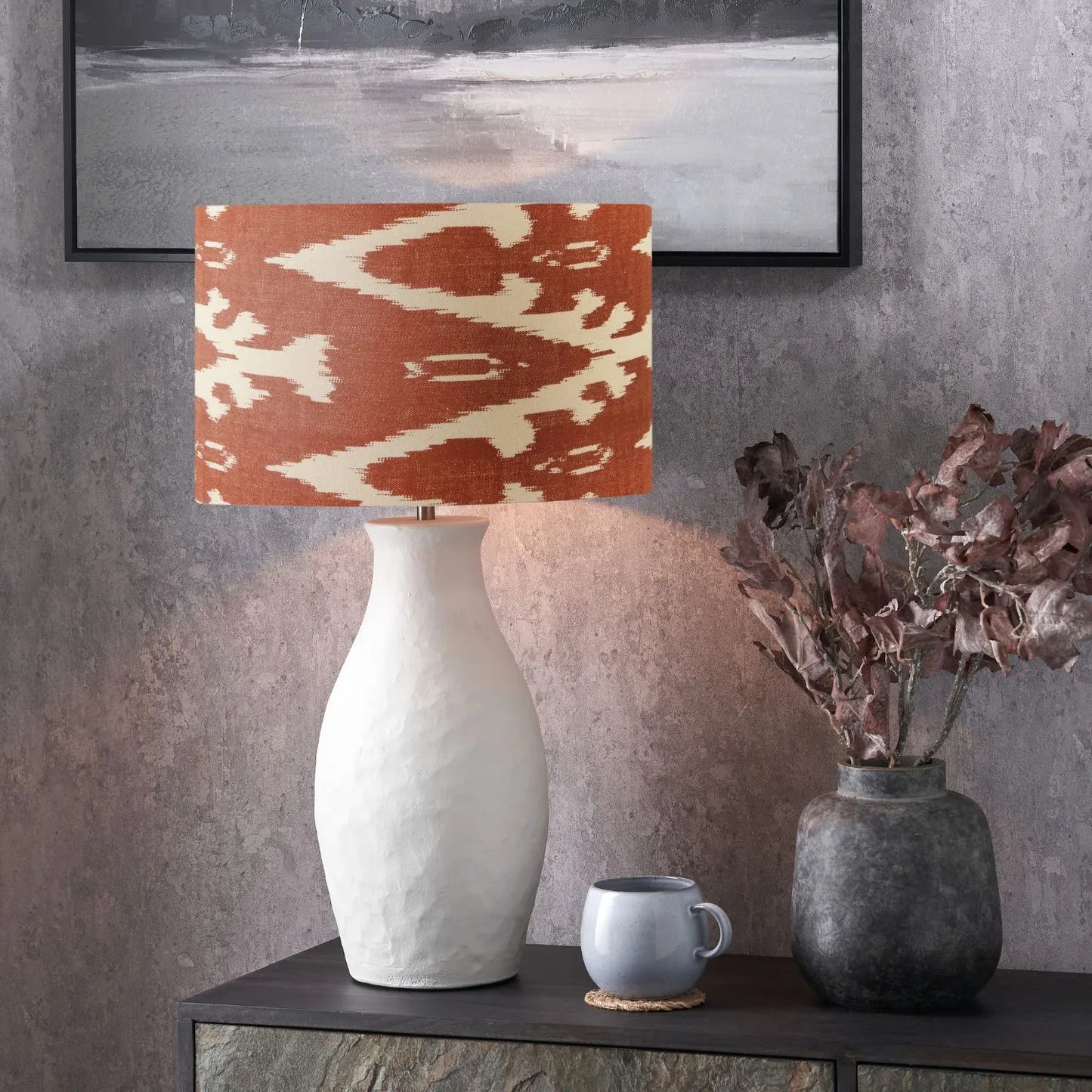 Neutral Matt White Textured Ceramic Table Lamp with 40cm Orange Cinnamon & White Tribal Ikat Cotton Drum Shade – Handcrafted Modern Bottle-Shaped Light 72x40x40cm | Click Style