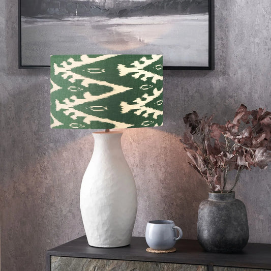 Neutral Matt White Textured Ceramic Table Lamp with 40cm Sage Green & White Tribal Ikat Cotton Drum Shade – Handcrafted Modern Bottle-Shaped Light 72x40x40cm | Click Style