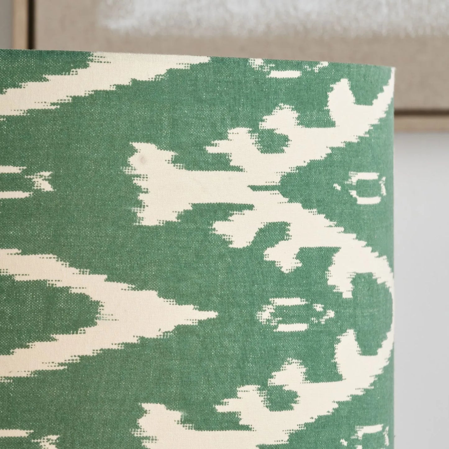 Neutral Matt White Textured Ceramic Table Lamp with 40cm Sage Green & White Tribal Ikat Cotton Drum Shade – Handcrafted Modern Bottle-Shaped Light 72x40x40cm | Click Style