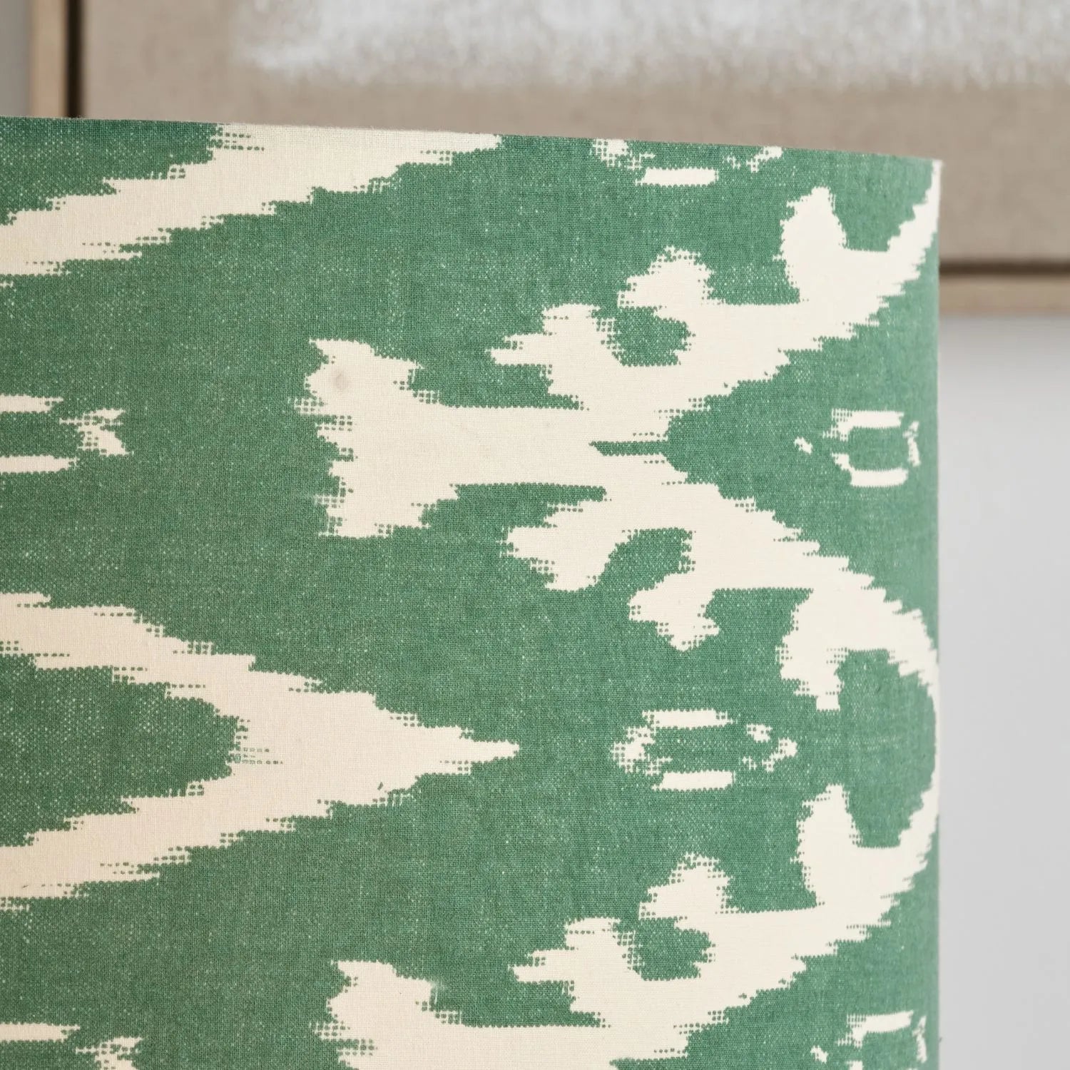 Neutral Matt White Textured Ceramic Table Lamp with 40cm Sage Green & White Tribal Ikat Cotton Drum Shade – Handcrafted Modern Bottle-Shaped Light 72x40x40cm | Click Style