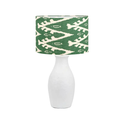 Neutral Matt White Textured Ceramic Table Lamp with 40cm Sage Green & White Tribal Ikat Cotton Drum Shade – Handcrafted Modern Bottle-Shaped Light 72x40x40cm | Click Style