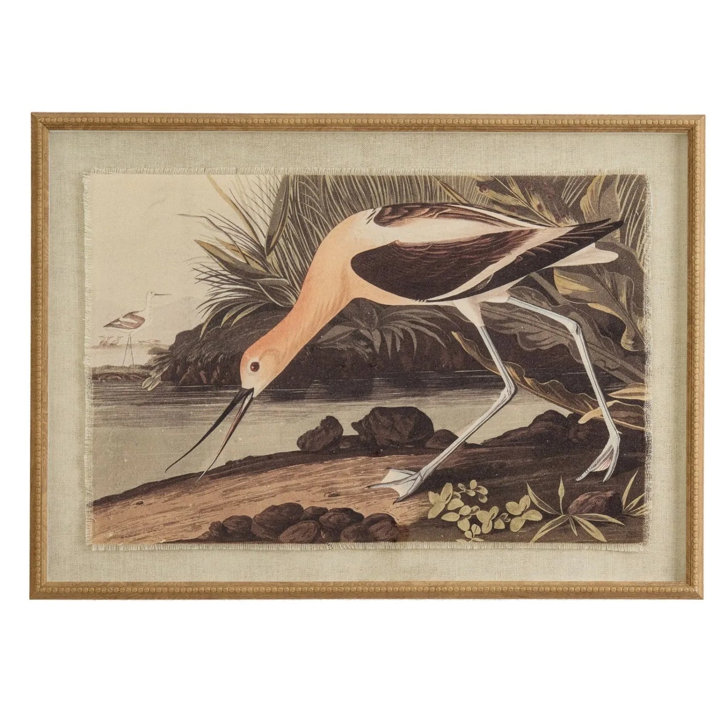 Neutral Ornithological Avocet Bird Print with Linen Background – Beaded Wooden Frame Framed Wall Art 62x45x2cm | Click Style