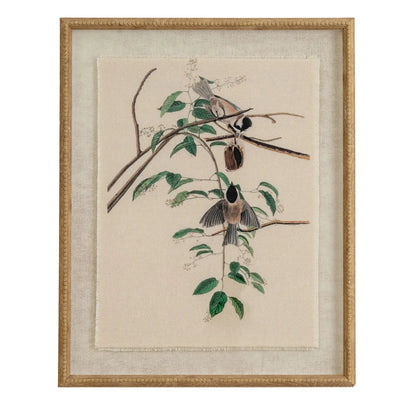 Neutral Ornithological Chickadee Bird Print with Linen Background – Beaded Wooden Frame Framed Wall Art 40x50x2cm | Click Style