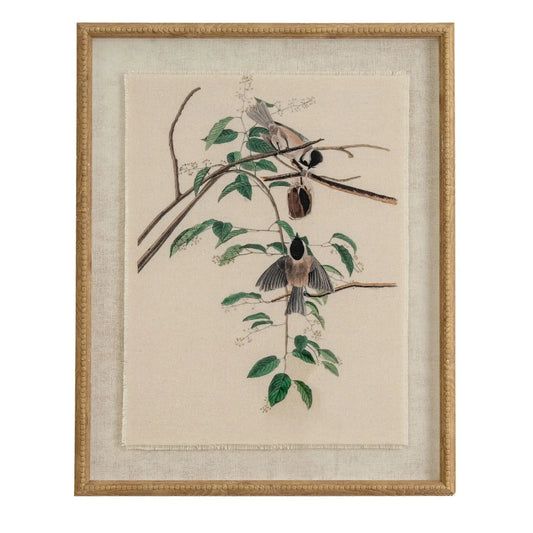 Neutral Ornithological Chickadee Bird Print with Linen Background – Beaded Wooden Frame Framed Wall Art 40x50x2cm | Click Style