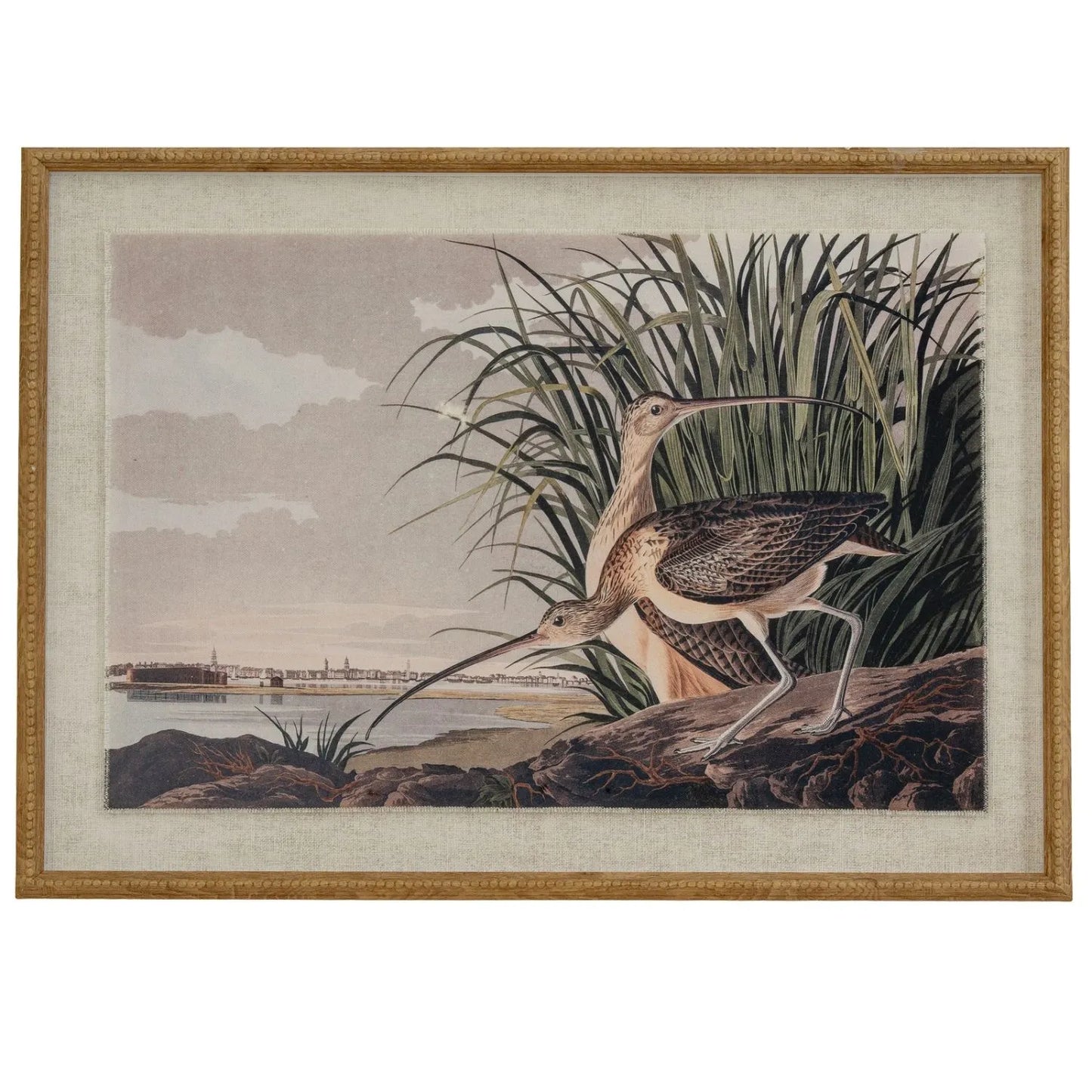 Neutral Ornithological Curlew Bird Print with Linen Background – Beaded Wooden Frame Framed Wall Art 62x45x2cm | Click Style