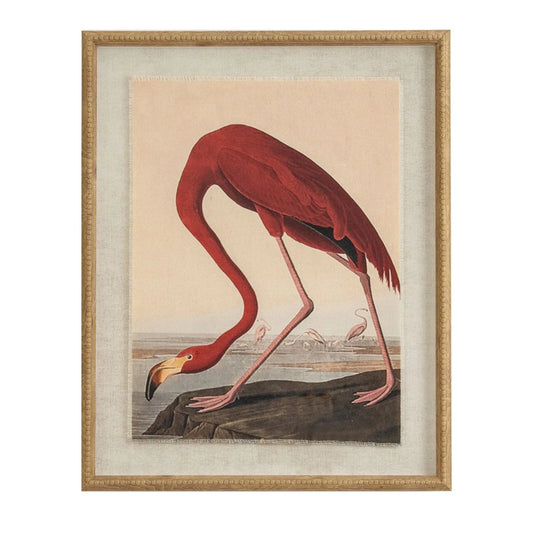 Neutral Ornithological Flamingo Bird Print with Linen Background – Beaded Wooden Frame Framed Wall Art 40x50x2cm | Click Style