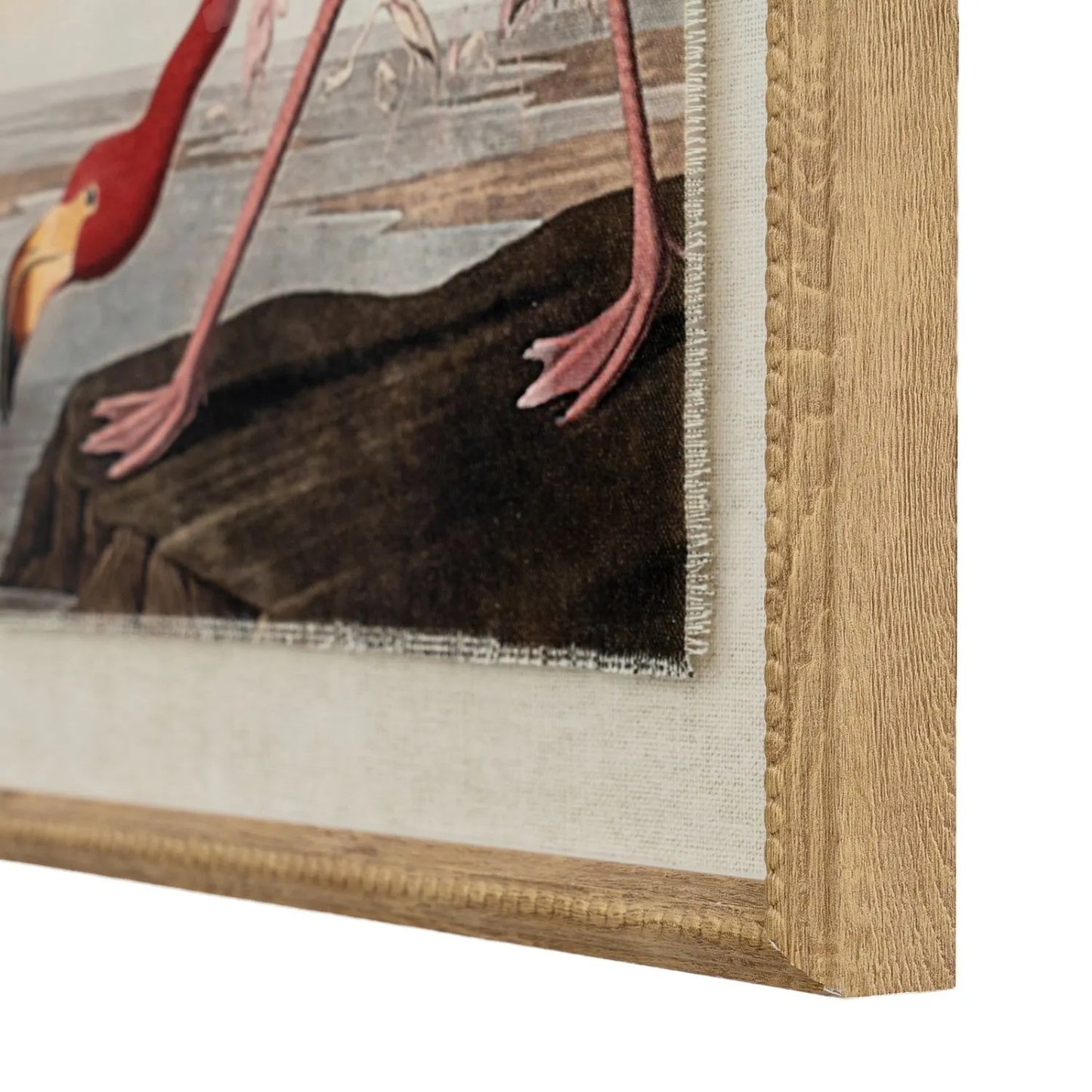 Neutral Ornithological Flamingo Bird Print with Linen Background – Beaded Wooden Frame Framed Wall Art 40x50x2cm | Click Style