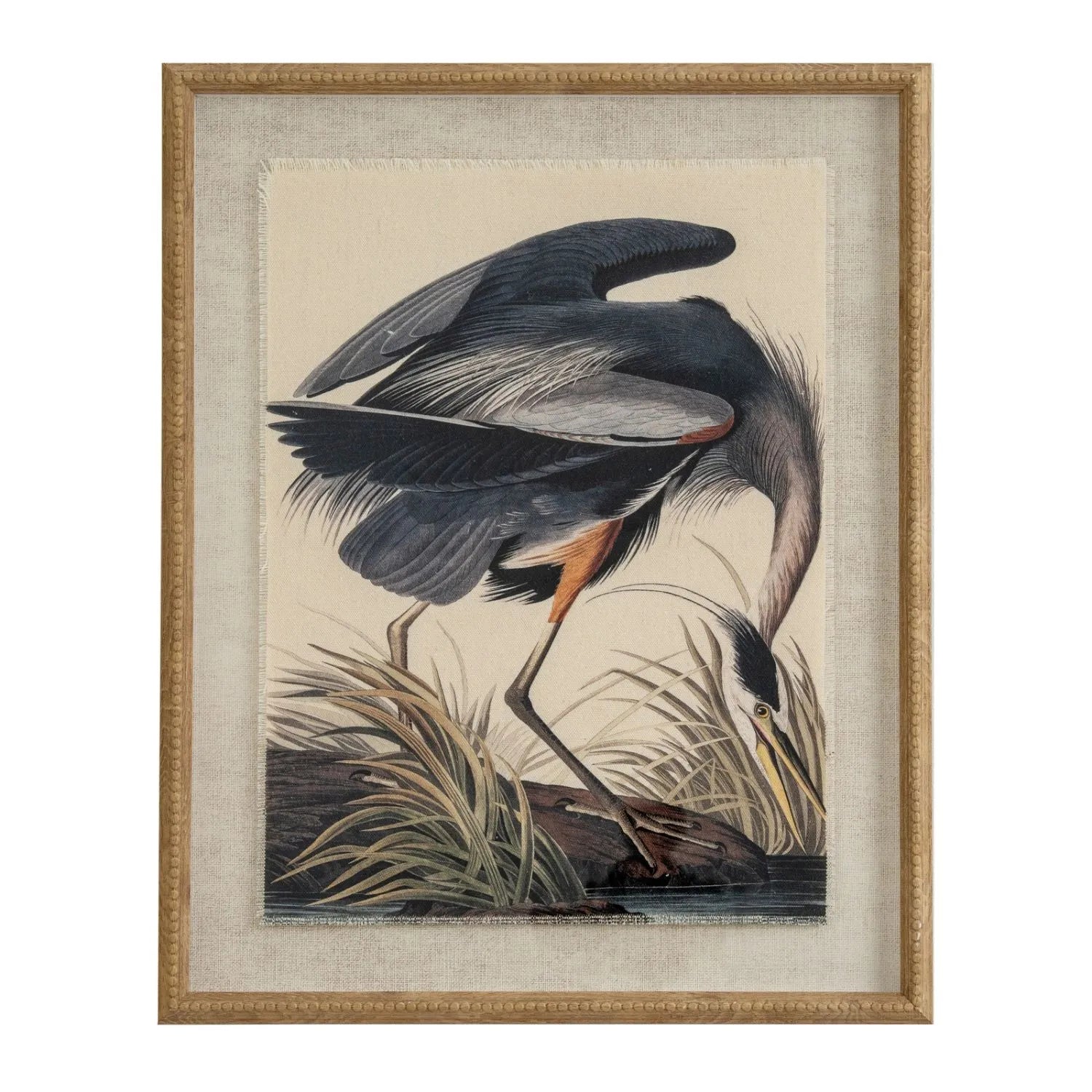 Neutral Ornithological Heron Bird Print with Linen Background – Beaded Wooden Frame Framed Wall Art 40x50x2cm | Click Style