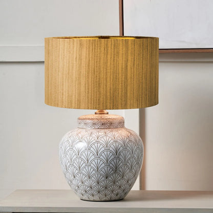 Neutral White Art Deco Scallop Fan Ceramic Table Lamp Base with Antique Brass Fitting – Rounded Urn-Shaped Decorative Lamp 32x23x23cm | Click Style