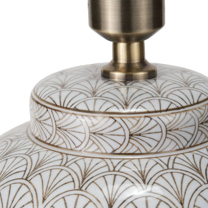 Neutral White Art Deco Scallop Fan Ceramic Table Lamp Base with Antique Brass Fitting – Rounded Urn-Shaped Decorative Lamp 32x23x23cm | Click Style