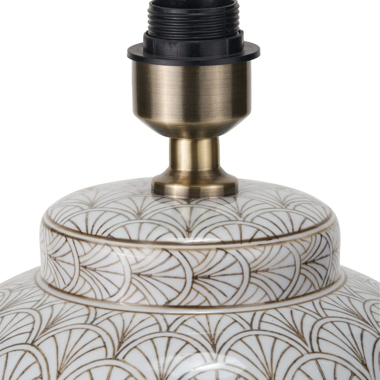 Neutral White Art Deco Scallop Fan Ceramic Table Lamp Base with Antique Brass Fitting – Rounded Urn-Shaped Decorative Lamp 32x23x23cm | Click Style
