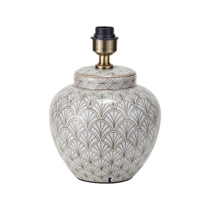 Neutral White Art Deco Scallop Fan Ceramic Table Lamp Base with Antique Brass Fitting – Rounded Urn-Shaped Decorative Lamp 32x23x23cm | Click Style