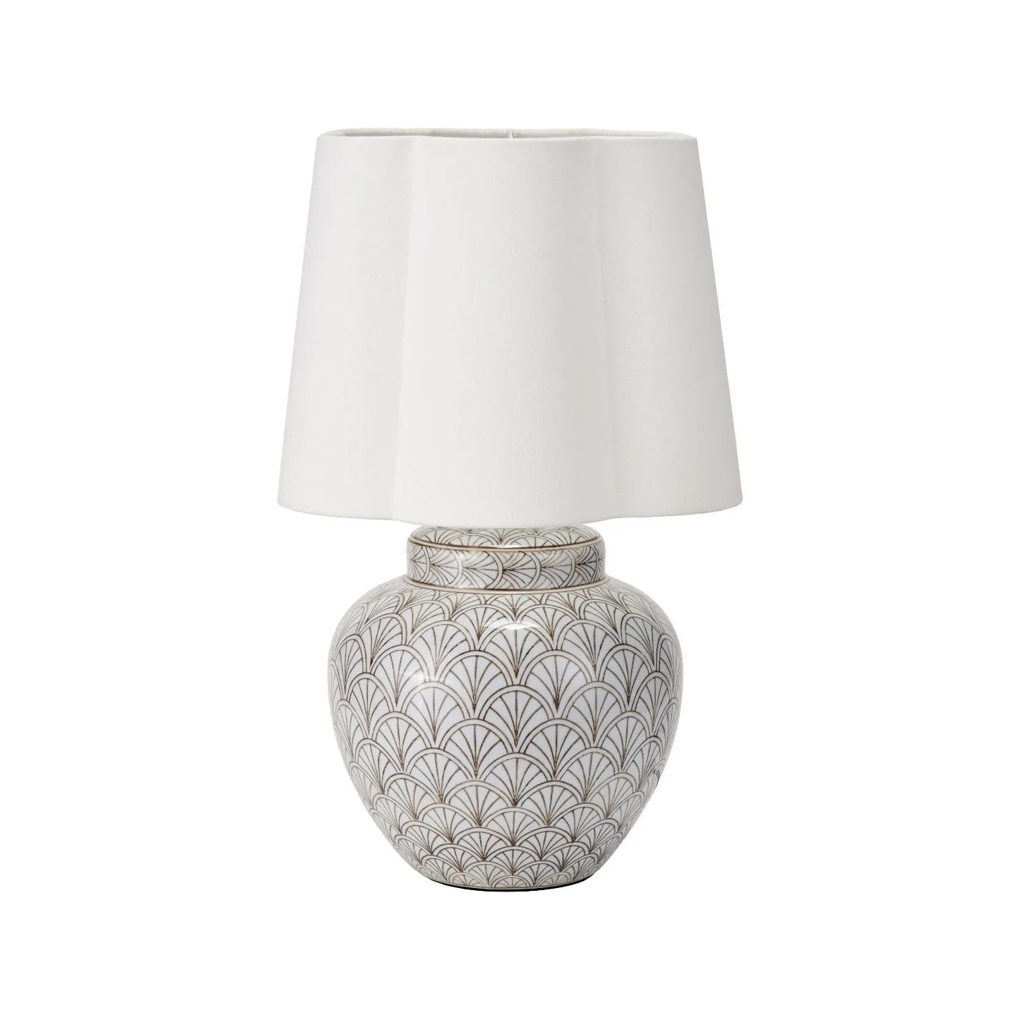 Neutral White Art Deco Scallop Fan Ceramic Table Lamp Base with Antique Brass Fitting – Rounded Urn-Shaped Decorative Lamp 32x23x23cm | Click Style