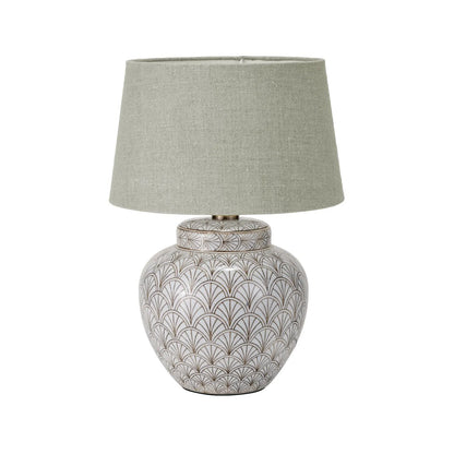 Neutral White Art Deco Scallop Fan Ceramic Table Lamp Base with Antique Brass Fitting – Rounded Urn-Shaped Decorative Lamp 32x23x23cm | Click Style