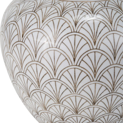 Neutral White Art Deco Scallop Fan Ceramic Table Lamp Base with Antique Brass Fitting – Rounded Urn-Shaped Decorative Lamp 32x23x23cm | Click Style