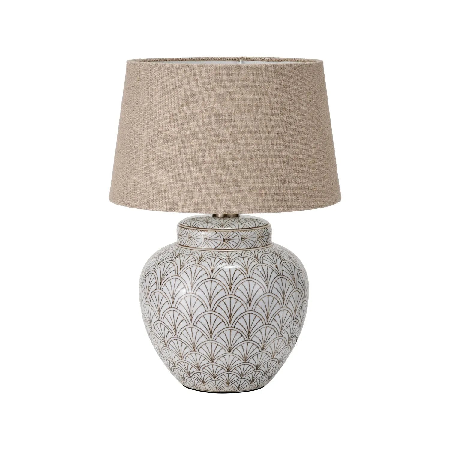 Neutral White Art Deco Scallop Fan Ceramic Table Lamp Base with Antique Brass Fitting – Rounded Urn-Shaped Decorative Lamp 32x23x23cm | Click Style