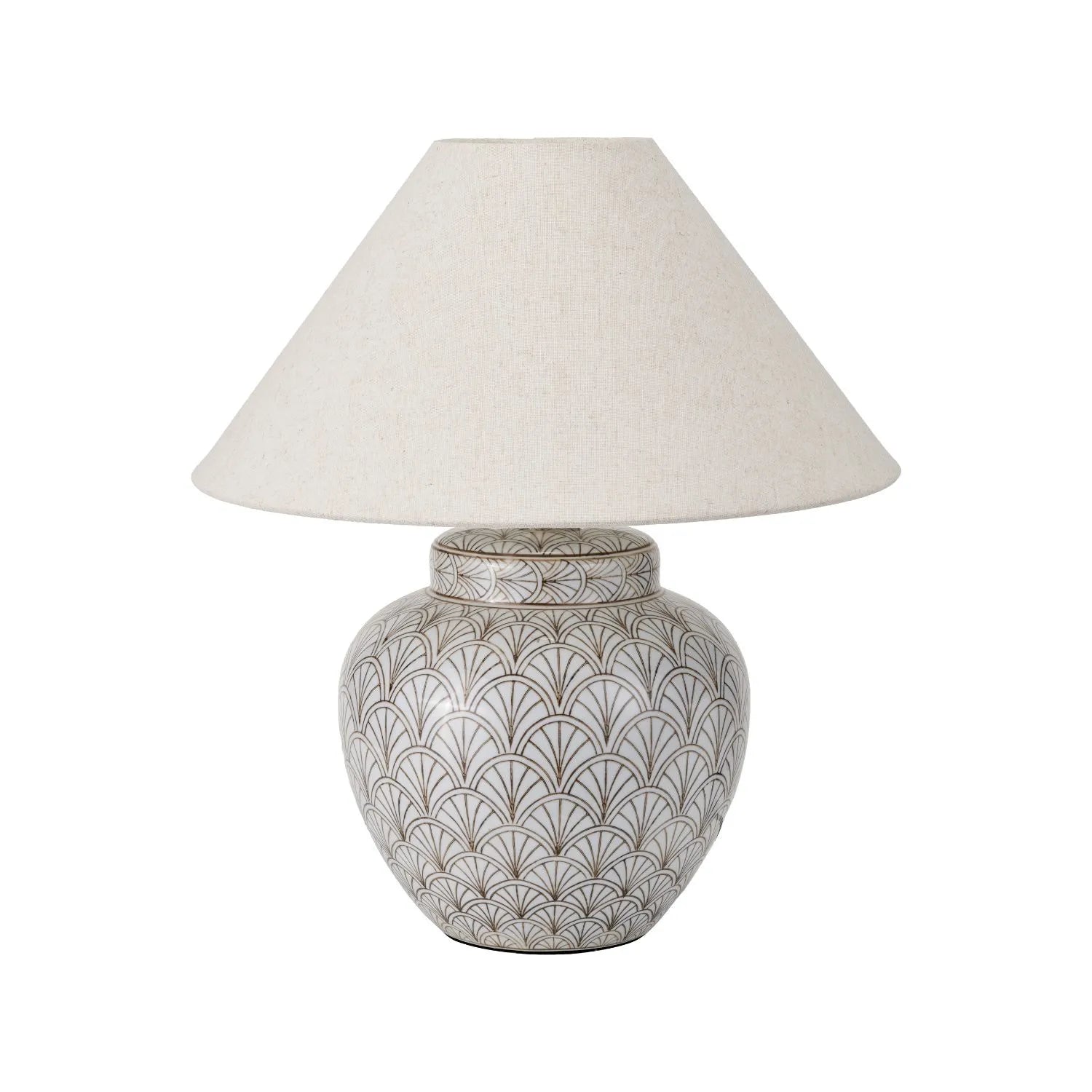 Neutral White Art Deco Scallop Fan Ceramic Table Lamp Base with Antique Brass Fitting – Rounded Urn-Shaped Decorative Lamp 32x23x23cm | Click Style