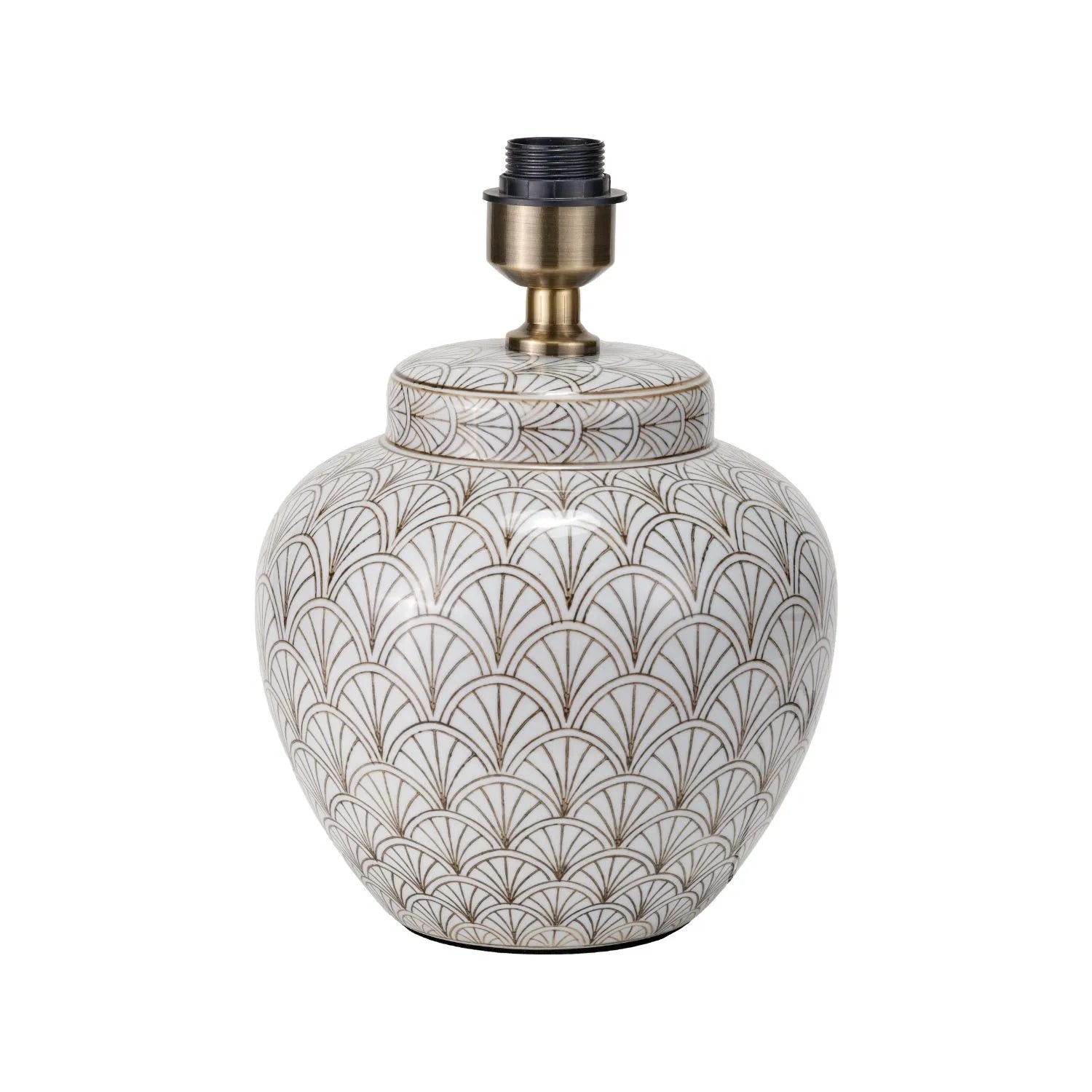 Neutral White Art Deco Scallop Fan Ceramic Table Lamp Base with Antique Brass Fitting – Rounded Urn-Shaped Decorative Lamp 32x23x23cm | Click Style