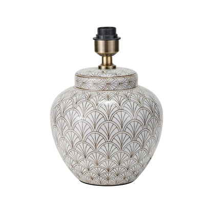Neutral White Art Deco Scallop Fan Ceramic Table Lamp Base with Antique Brass Fitting – Rounded Urn-Shaped Decorative Lamp 32x23x23cm | Click Style