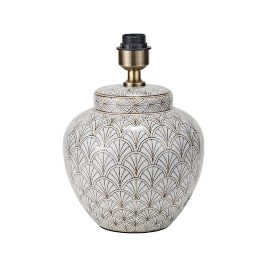 Neutral White Art Deco Scallop Fan Ceramic Table Lamp Base with Antique Brass Fitting – Rounded Urn-Shaped Decorative Lamp 32x23x23cm | Click Style