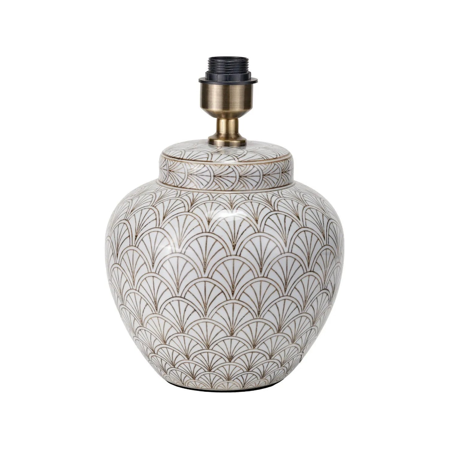 Neutral White Art Deco Scallop Fan Ceramic Table Lamp with Gold Slubbed Silk Gold-Lined Drum Shade – Decorative Sculpted Lighting 48x35x35cm | Click Style
