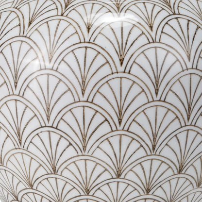 Neutral White Art Deco Scallop Fan Ceramic Table Lamp with Gold Slubbed Silk Gold-Lined Drum Shade – Decorative Sculpted Lighting 48x35x35cm | Click Style