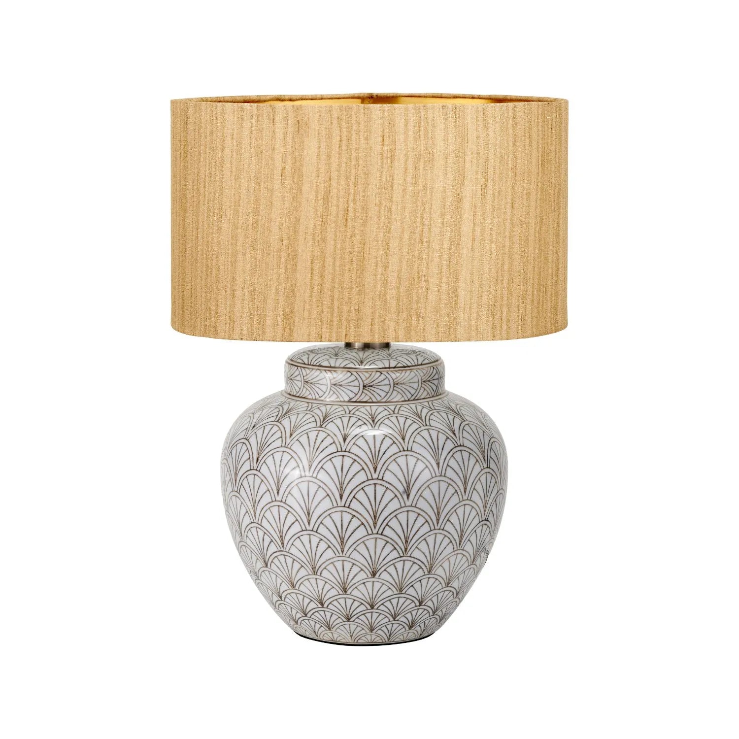 Neutral White Art Deco Scallop Fan Ceramic Table Lamp with Gold Slubbed Silk Gold-Lined Drum Shade – Decorative Sculpted Lighting 48x35x35cm | Click Style