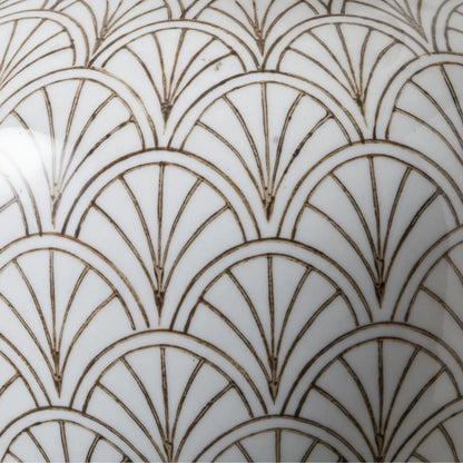 Neutral White Art Deco Scallop Fan Ceramic Table Lamp with Natural Beige Hopsack Empire Tapered Shade – Decorative Sculpted Lighting 46x45x45cm | Click Style