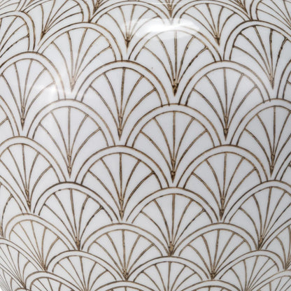 Neutral White Art Deco Scallop Fan Ceramic Table Lamp with Natural Beige Hopsack Empire Tapered Shade – Decorative Sculpted Lighting 46x45x45cm | Click Style