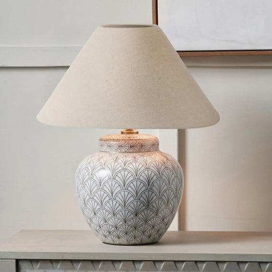 Neutral White Art Deco Scallop Fan Ceramic Table Lamp with Natural Beige Hopsack Empire Tapered Shade – Decorative Sculpted Lighting 46x45x45cm | Click Style
