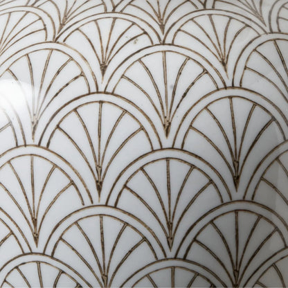 Neutral White Art Deco Scallop Fan Ceramic Table Lamp with Natural Linen Tapered Shade – Decorative Sculpted Lighting 48x35x35cm | Click Style