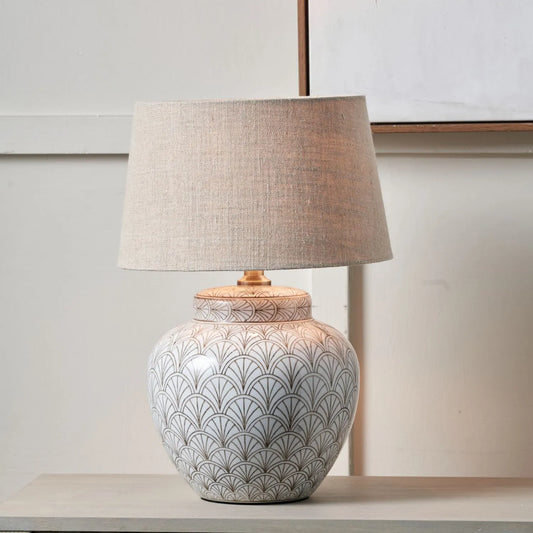 Neutral White Art Deco Scallop Fan Ceramic Table Lamp with Natural Linen Tapered Shade – Decorative Sculpted Lighting 48x35x35cm | Click Style