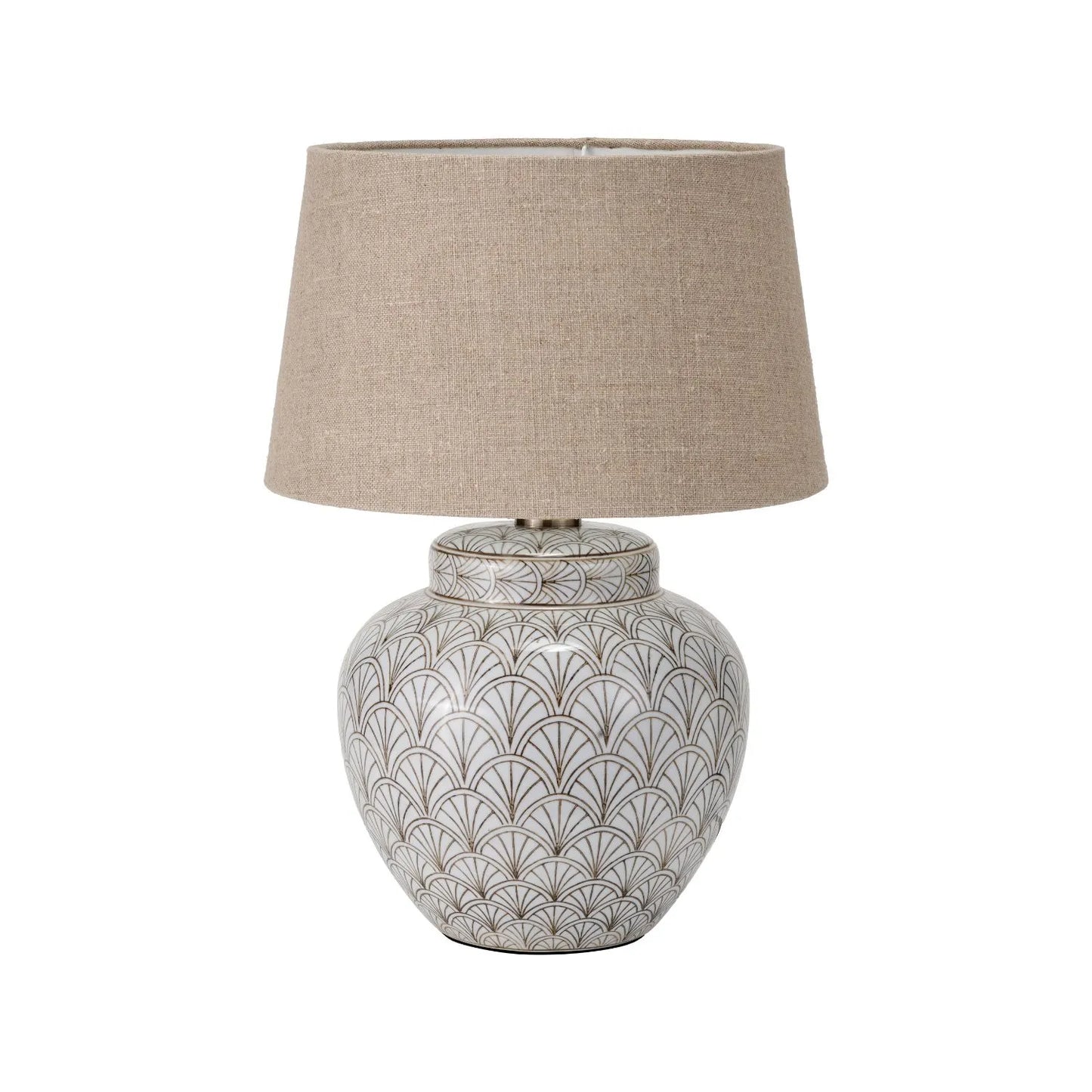 Neutral White Art Deco Scallop Fan Ceramic Table Lamp with Natural Linen Tapered Shade – Decorative Sculpted Lighting 48x35x35cm | Click Style