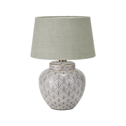Neutral White Art Deco Scallop Fan Ceramic Table Lamp with Pistachio Green Linen Tapered Shade – Decorative Sculpted Lighting 48x35x35cm | Click Style