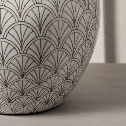 Neutral White Art Deco Scallop Fan Ceramic Table Lamp with Pistachio Green Linen Tapered Shade – Decorative Sculpted Lighting 48x35x35cm | Click Style