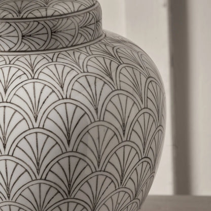 Neutral White Art Deco Scallop Fan Ceramic Table Lamp with White Handloom Cotton Scalloped Tapered Shade – Decorative Sculpted Lighting 51x35x35cm | Click Style