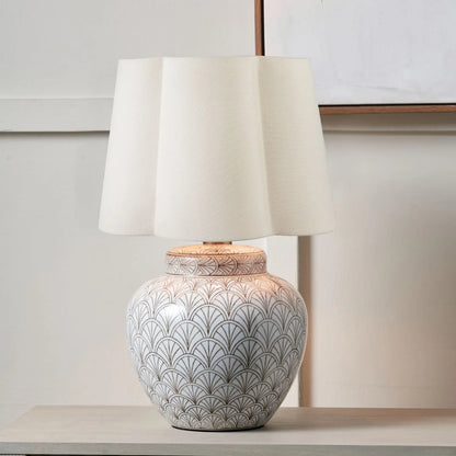 Neutral White Art Deco Scallop Fan Ceramic Table Lamp with White Handloom Cotton Scalloped Tapered Shade – Decorative Sculpted Lighting 51x35x35cm | Click Style