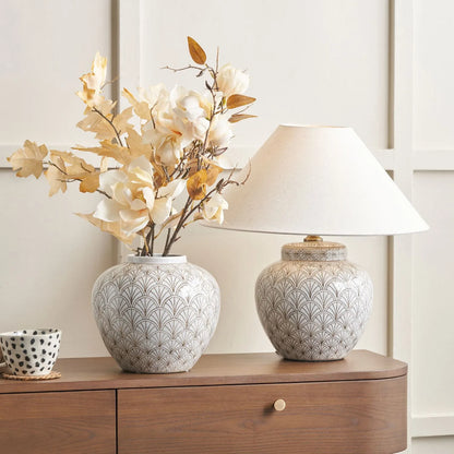 Neutral White Art Deco Scallop Fan Ceramic Vase with Rounded Urn Shape – Decorative Patterned Vase for Modern & Contemporary Homes 22x23x23cm | Click Style