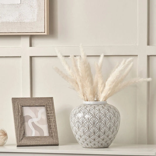 Neutral White Art Deco Scallop Fan Ceramic Vase with Rounded Urn Shape – Decorative Patterned Vase for Modern & Contemporary Homes 22x23x23cm | Click Style