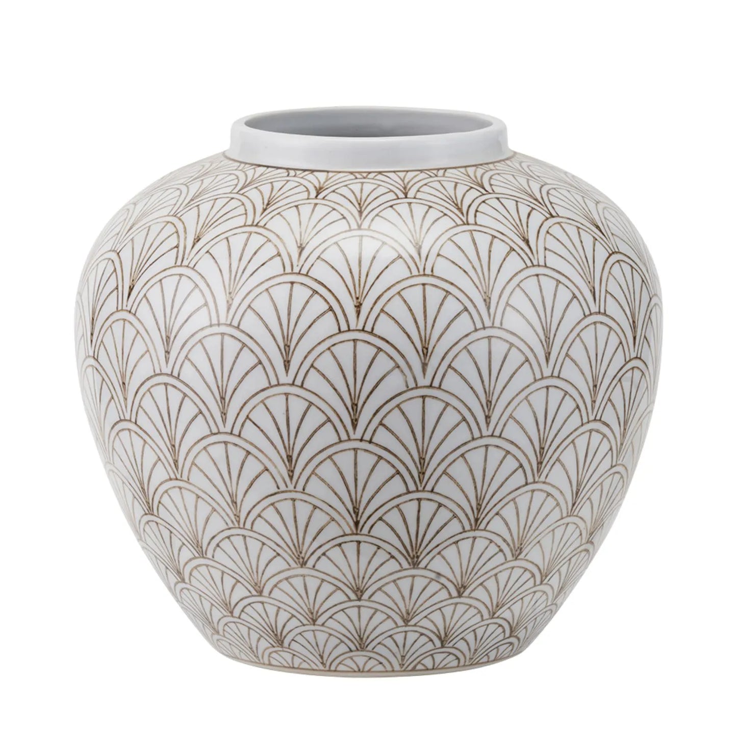 Neutral White Art Deco Scallop Fan Ceramic Vase with Rounded Urn Shape – Decorative Patterned Vase for Modern & Contemporary Homes 22x23x23cm | Click Style