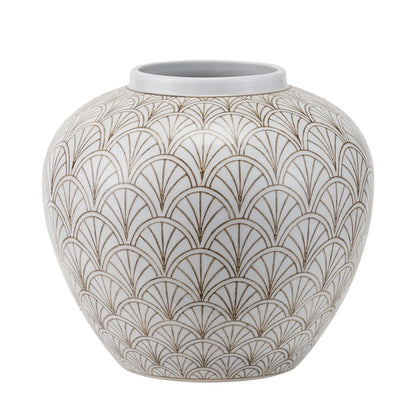 Neutral White Art Deco Scallop Fan Ceramic Vase with Rounded Urn Shape – Decorative Patterned Vase for Modern & Contemporary Homes 22x23x23cm | Click Style