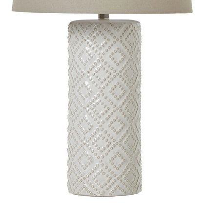 Neutral White Ceramic Table Lamp with Embossed Diamond Pattern & Linen Tapered Lampshade - Coastal Lighting 71x40cm - Click Style