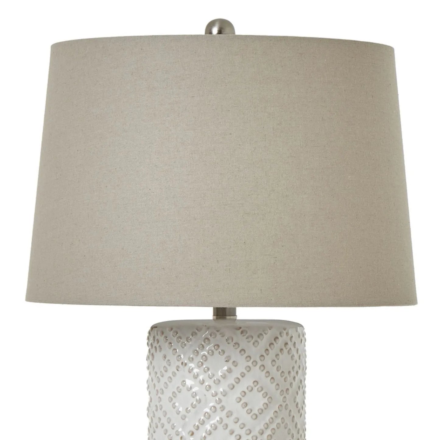 Neutral White Ceramic Table Lamp with Embossed Diamond Pattern & Linen Tapered Lampshade - Coastal Lighting 71x40cm - Click Style