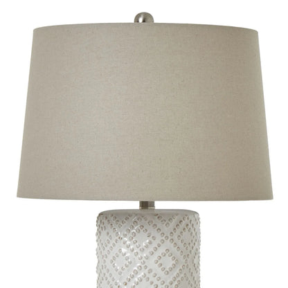 Neutral White Ceramic Table Lamp with Embossed Diamond Pattern & Linen Tapered Lampshade - Coastal Lighting 71x40cm - Click Style