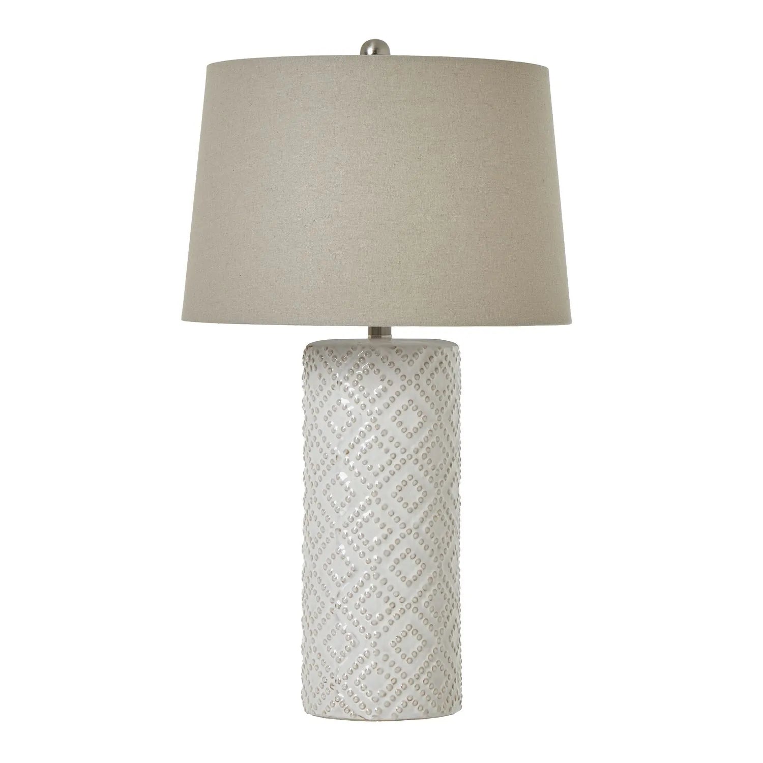 Neutral White Ceramic Table Lamp with Embossed Diamond Pattern & Linen Tapered Lampshade - Coastal Lighting 71x40cm - Click Style