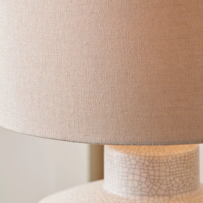 Neutral White Crackle-Effect Ceramic Table Lamp with White Linen Drum Shade – Sculptural Stoneware Table Light 38x28x28cm | Click Style