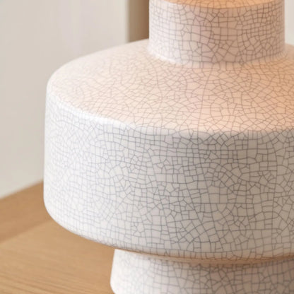 Neutral White Crackle-Effect Ceramic Table Lamp with White Linen Drum Shade – Sculptural Stoneware Table Light 38x28x28cm | Click Style