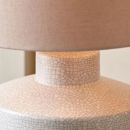 Neutral White Crackle-Effect Ceramic Table Lamp with White Linen Drum Shade – Sculptural Stoneware Table Light 38x28x28cm | Click Style