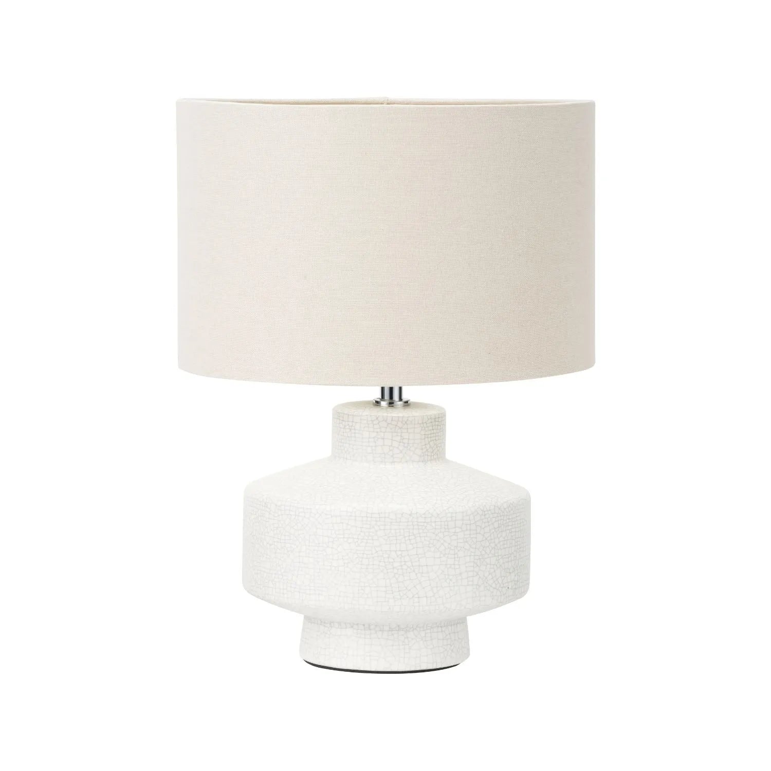 Neutral White Crackle-Effect Ceramic Table Lamp with White Linen Drum Shade – Sculptural Stoneware Table Light 38x28x28cm | Click Style