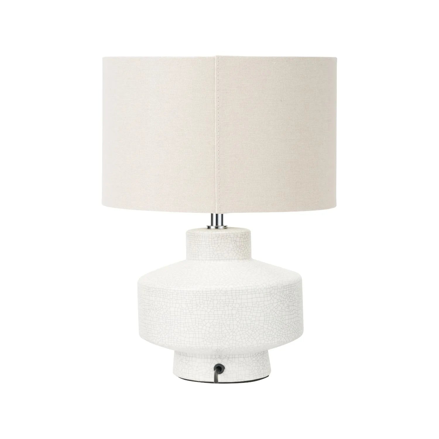 Neutral White Crackle-Effect Ceramic Table Lamp with White Linen Drum Shade – Sculptural Stoneware Table Light 38x28x28cm | Click Style